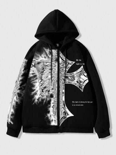 Goth Sudadera con capucha para hombres con estampado de lema y cierre delantero con cremallera, escuela
