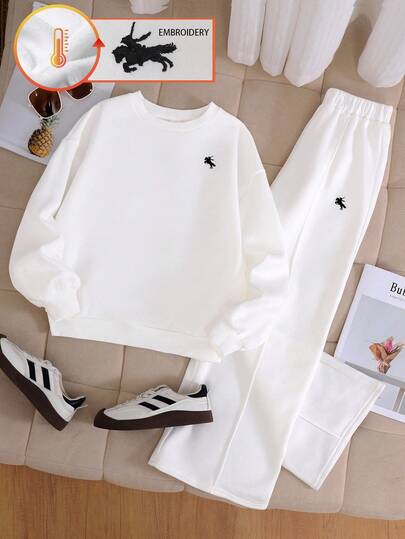 Conjunto informal de niña preadolescente con sudadera oversize con forro polar y pantalón ancho plisado con estampado ecuestre bordado, conjunto de chándal deportivo blanco cómodo, atuendo de vuelta al colegio