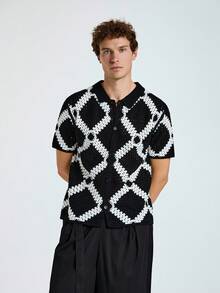 Manfinity Homme Men's Boxy Fit Button Through Crochet Knit Shirt - Black and White - View 4