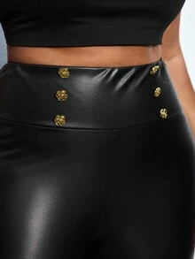 Maija Plus Size Black And Gold Women PU High Elastic Warm Sanded Pants,Winter Girlism Rave Black Leggings,Old Money Fashion Christmas Halloween - Black - View 5
