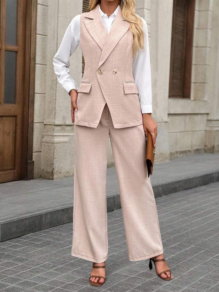 Ensemble pantalon et gilet de couleur unie pour femme