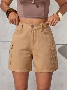 SHEIN ICON 女式纯色休闲牛仔短裤 - 卡其色 - 查看 3