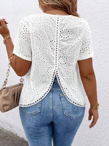 EMERY ROSE Plus Size Women Casual Embroidery Splice Lace Trim Round Neck Holiday Backless Split Sleeve T-Shirt - White - View 1