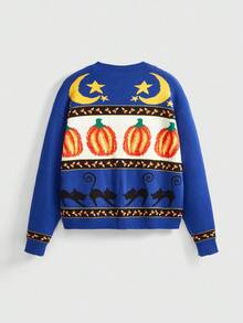 ROMWE Fairycore Women's Vintage Halloween Pumpkin, Black Cat, Moon & Star Jacquard V-Neck Cardigan - Navy Blue - View 2