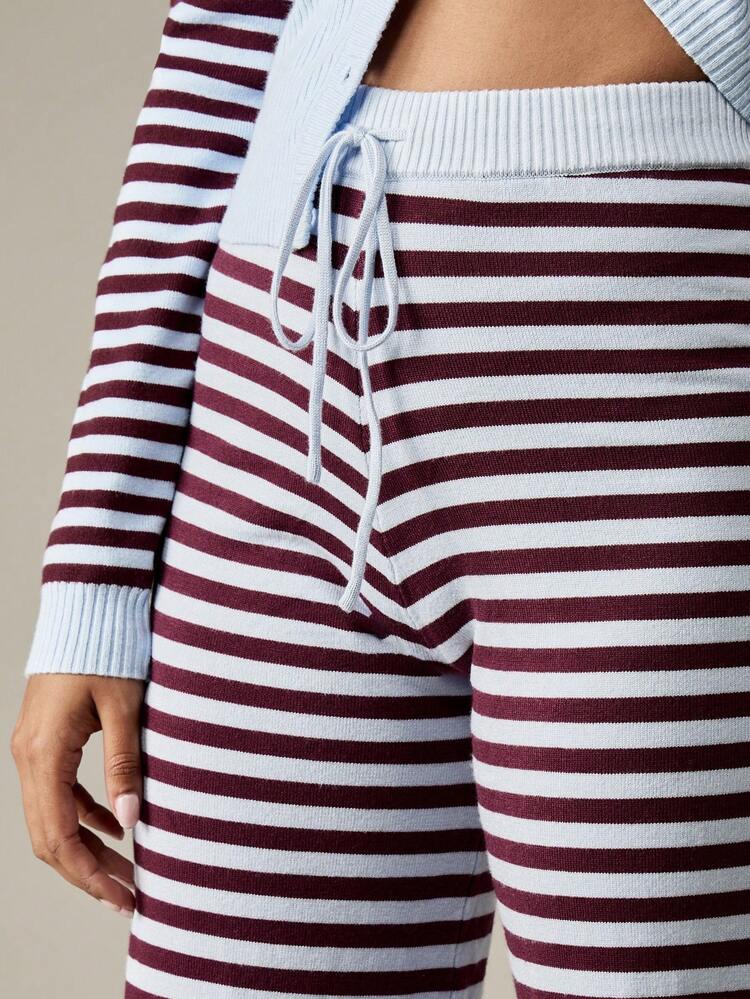 MISSGUIDED Ribbed Knit Wide Leg Palazzo Pants Burgundy White Striped High Waist Casual Lounge Wear Winter Fall Seasonal Comfort Fashion Pants