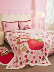 Strawberry Shortcake X SHEIN 3 Pc Cartoon Figure & Strawberry Gingham Ruffle Trim Bedding Set,Suitable For Single Bed/Double Bed/Queen Bed/King Bed, Dormitory/Home,Gift Ideas, Summer / Spring - Multicolor - View 6