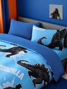 GODZILLAxKONG X SHEIN 3pcs Cartoon Pattern Bedding Set, Soft, Breathable And Warm, Suitable For Single/Double/Queen/King Size Beds, Great For Children,Dinosaur For Bedroom Decor