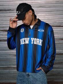 AXEPEAK 男士梭织时尚休闲青年Polo衫，秋季款，长袖上衣 - 藍色和黑色 - 查看 1