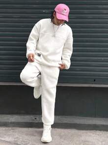 Manfinity EMRG 男士羊毛字母图案长袖运动衫和裤子休闲运动服套装男士两件套运动服男士两件套服装白色男士羊毛运动服白色运动服男士男士套装，秋装冬季 - 白色 - 查看 3