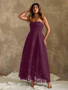 Roveilla 露肩、婚礼宾客、毕业典礼、浪漫、晚会、正式女士连衣裙、生日派对、优雅、夏季女士服装、鸡尾酒会迷你连衣裙、时尚优雅简约穿孔纹理细肩带长裙、性感紧身腰部修身优雅连衣裙 - 中紫紅色 - 查看 6