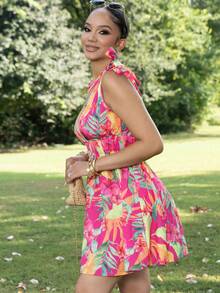 Melissa Matos Vestidos femininos de padrão tecido tropical floral com nó de cabo, curto e colado, ideal para férias, vestido tropical, vestido de praia, vestidos de verão para mulheres - Pink - Visão 4