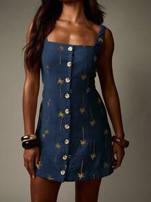 MISSGUIDED Váy ngắn vải lanh thêu hình cây cọ cài nút, mặc đi biển mùa hè, mặc đi nghỉ dưỡng, cổ vuông, không tay, thường ngày, dự tiệc, ngày lễ, đầm liền thân - Màu xanh hải quân - Xem 6