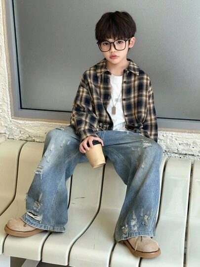 Dazy Kids 男童宽松休闲格子衬衫，秋季长袖上衣