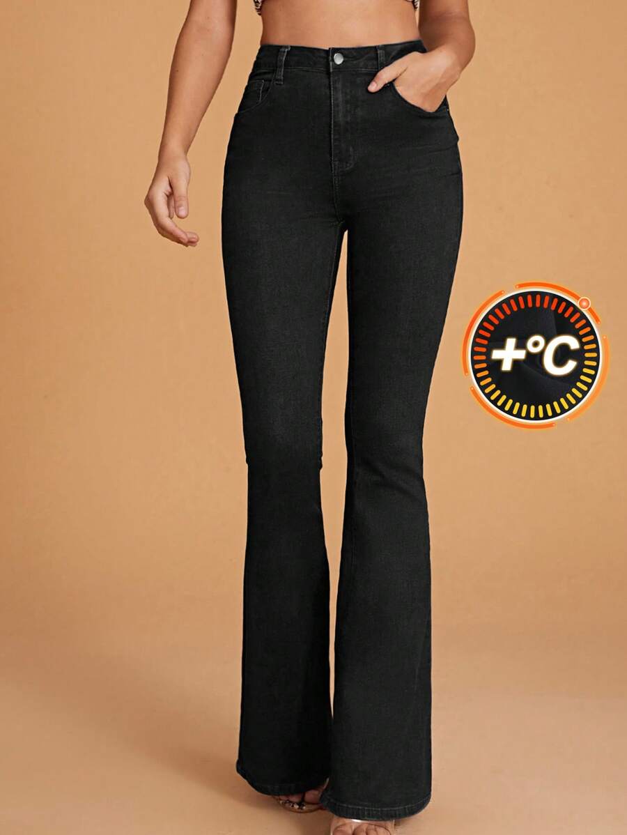 SHEIN Frenchy Quần jeans ống loe dáng ôm, màu trơn, đơn giản, thu/đông - màu đen - Xem 1
