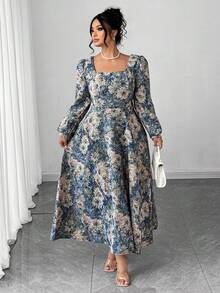 Elenzga Elegant Square Collar Waist Cinched Jacquard Dress Fall Cloth For Women - Green - View 4