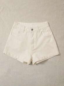 SHEIN EZwear Summer Rolled High-Rise Denim Shorts - Beige - View 3