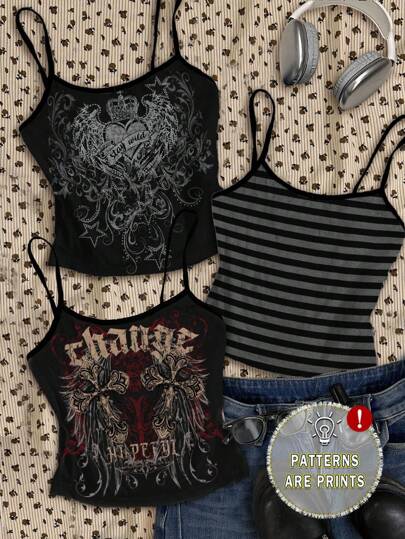  Attitoon 3pcs/Set Women's Punk Cross & Wing Print Tank Top, Suitable For Summer, Halloween,Cross& Love Wings, Black Gray Striped,Y2K Goth Style, Vintage Grunge, Punk, Back To School, Cute Summer Tops Grunge Tank Top Punk Tops Y2k Tank Top Graphic Tank Top