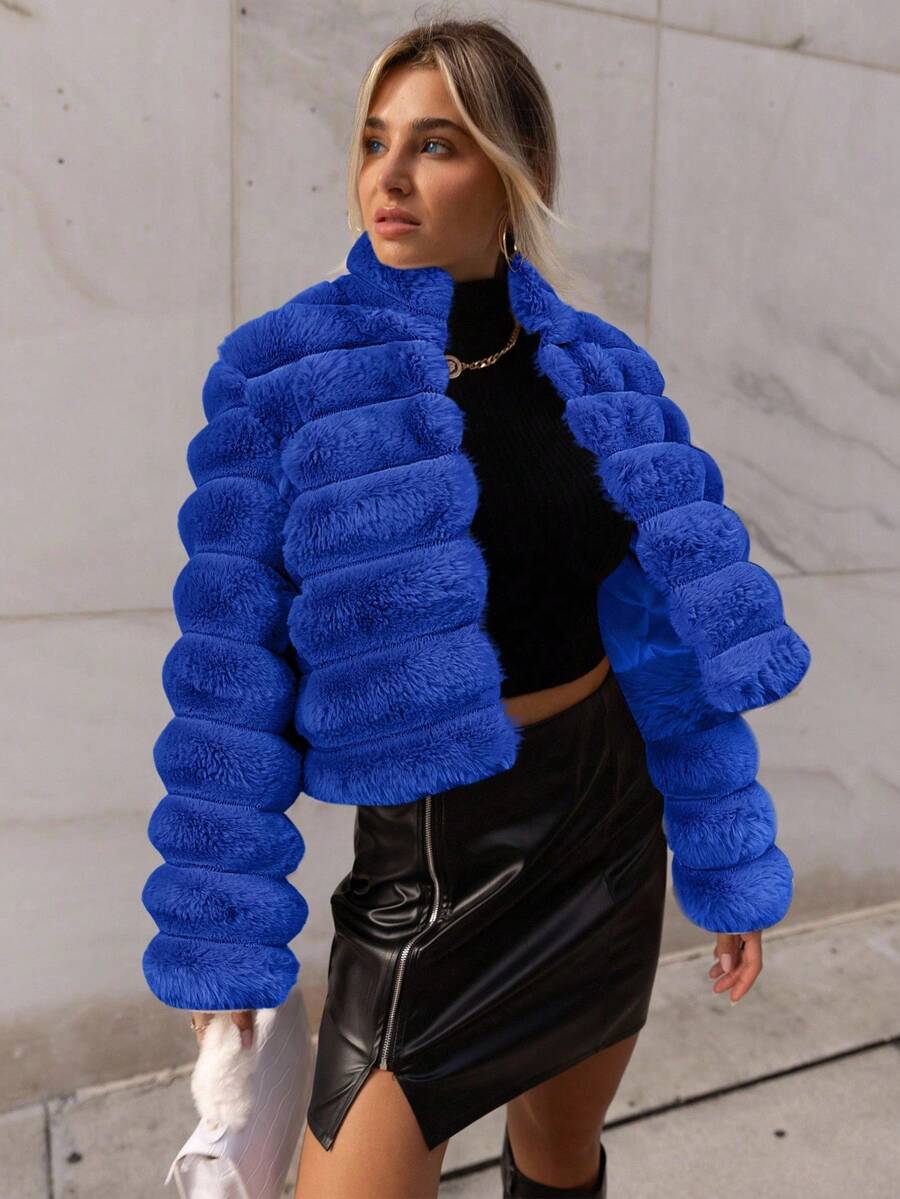 Firerie 女士纯色长袖仿皮草夹克 - 寶藍色 - 查看 1