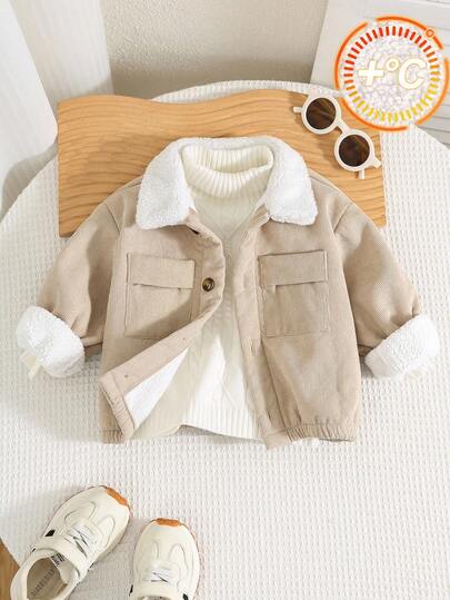 SHEIN Unisex Baby Corduroy Color Block Thermal Lined Jacket, Casual Versatile Suitable For Indoor, Outdoor, Daily, Sports, Play, Party, Photo Shoot, Holiday, Festival, Rave In Autumn/Winter Season Fall