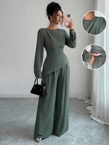 SHEIN Raffinéa 2件套女士纯色褶边不对称下摆长袖套装 - 綠色 - 查看 4