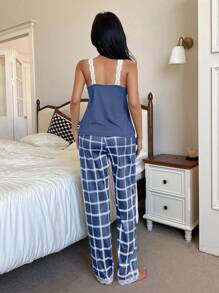 SHEIN Bộ đồ ngủ nữ ren chắp vá màu tương phản & quần in họa tiết kẻ caro - Màu xanh lam - Xem 2