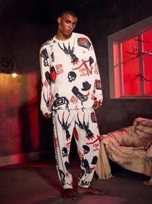 A Nightmare on Elm Street X SHEIN Men's Autumn Skeleton & Letter Print Long Sleeve Top And Pants Loungewear Set - Multicolor - View 5
