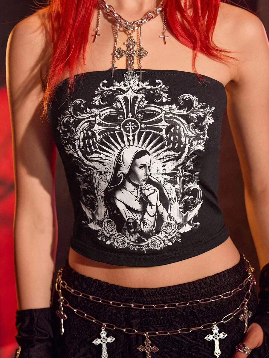 The Nun X SHEIN Top tubo con estampado de figura y cruz, verano para mujer - Negro - Ver 1