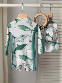 SHEIN 2 件套男童可爱卡通图案拼色长袖防晒衣和帽子泳衣套装，适合海滩、泳池、春夏季 - 綠色 - 查看 2