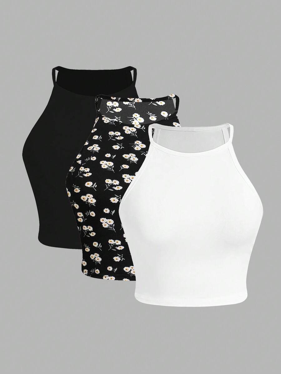 SHEIN Essnce 大码女式夏季休闲修身吊带背心 3 件装，夏季女装，可爱夏季上衣，短款女式上衣，女式背心，黑白，Y2K，雏菊，吊带 3 件装 - 彩色 - 查看 1
