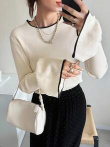 FRIFUL Women's Round Neck Flare Sleeve Contrast Trim Fitted Urban Casual Thick Sweater, Autumn
