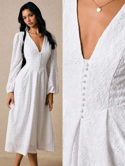 Poéselle 白色镂空蕾丝V领中长连衣裙，泡泡袖，包扣设计 | 浪漫A字型新娘送礼会造型，白色蕾丝中长连衣裙，镂空连衣裙，泡泡袖连衣裙，新娘送礼会礼服，英式刺绣连衣裙，浪漫波西米亚风连衣裙，女士刺绣深V领灯笼袖中长连衣裙，适合日常穿着、外出、通勤、约会、婚礼、派对、度假等各种场合，秋季女装