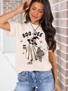 ReShift Women's Plus Size Round Neck Short Sleeved Halloween T-Shirt, Printed With Ghosts And Slogans, Can Be Worn All Year Round - Apricot - View 3