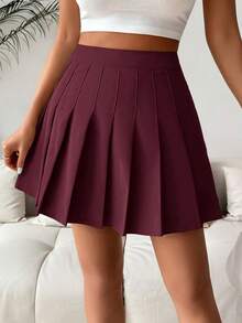 SHEIN PETITE Saia/shorts plissado feminino, cor sólida, elegante, casual, para viagem, estilo escolar, primavera/verão - Borgonha - Ver 7