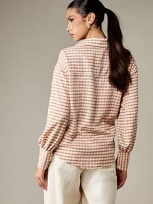 MISSGUIDED Elegant Checkered Button Down Blouse With Cinched Waist Asymmetric Front Office Business Professional Winter Fall Work Top Long Sleeve Classic Feminine