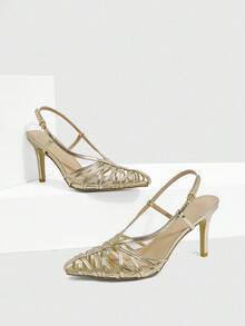 CUCCOO SZL Giày sandal cao gót nữ thời trang màu vàng kim với quai sau dệt, gót vừa phải, thoải mái, thích hợp cho dịp Giáng sinh. - Vàng - Xem 6