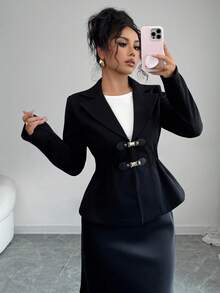 SHEIN LUNE Black Lapel Collar Long Sleeve Button-Up Formal Overcoats For Women Fall Winter Cloth For Women - Black - View 1