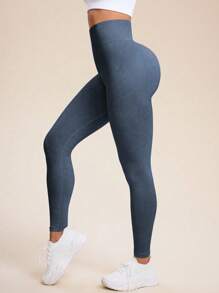 Easithlete 女士高腰无缝高弹力哑光运动紧身裤高腰打底裤无缝打底裤瑜伽裤 - 藏蓝色 - 查看 2