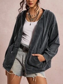 SHEIN LUNE Plus Size Casual Distressed Snowflake Hooded Jacket Oversized Zip Up Hoodie Grey Jacket Grunge Fall Winter For Going Out - Blue - View 4