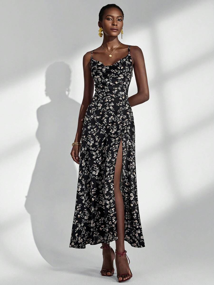 Almamuse Robe élégante pour femmes avec bretelles fines, encolure drapée et fente haute à l'ourlet - Noir - Voir 1