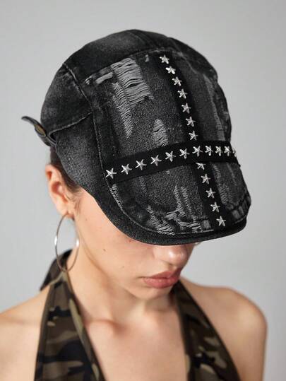 Grunge Punk 1pc Women's Distressed Star Beret Hat