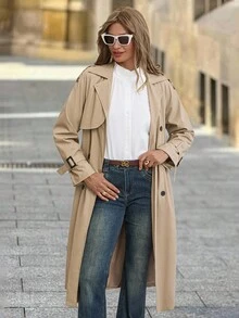 Solivie 女士优雅法式 PU 皮革长款风衣，通勤百搭，秋季 - 卡其色 - 查看 4