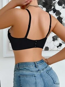SHEIN 1pc Women's Soft & Comfortable Romantic Lace & Mesh Patchwork Underwire Padded Bra Lace Bralette Bralette Top Cute Bra - Black - View 2