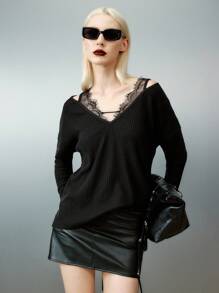 Airlisse Women's V-Neck Lace Patchwork Ribbed Loose Knit T-Shirt, Spring/Autumn - Black - View 1