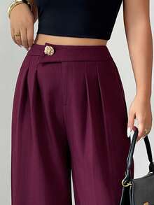 Elenzga 女士优雅秋季腰部设计不对称金属装饰简约纯色西装裤 - 中紫紅色 - 查看 3