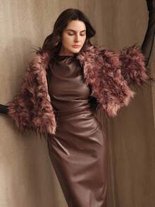 Anewsta 时尚仿毛领短外套，适合秋季、冬季、新年穿着，优雅、别致、时尚，圣诞节、外出皆宜 - 鏽棕色 - 查看 6