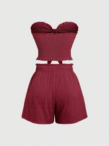 Sweetra Conjunto de 2 piezas con top tubo y shorts de unicolor con nudo adelante, ropa de resort - Burdeos - Ver 2