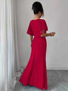 Elenzga 红色圣诞荷叶边袖V领腰部合身美人鱼下摆优雅浪漫女士连衣裙 - 紅色 - 查看 2