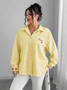Elenzga Plus Size Women's French Striped Embroidered Heart Blouse Fall Cloth For Women Women Button Up Shirt Amour Shirt Yellow Striped Shirt Women Heart Shirt Love Shirt - Yellow - View 4