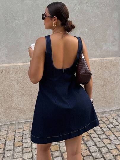 Dripcurv Vestido vaquero casual sin mangas y sin espalda de color azul marino para mujer de talla grande, estilo vintage, atuendo sencillo para vacaciones/Año Nuevo, ropa para Navidad.
