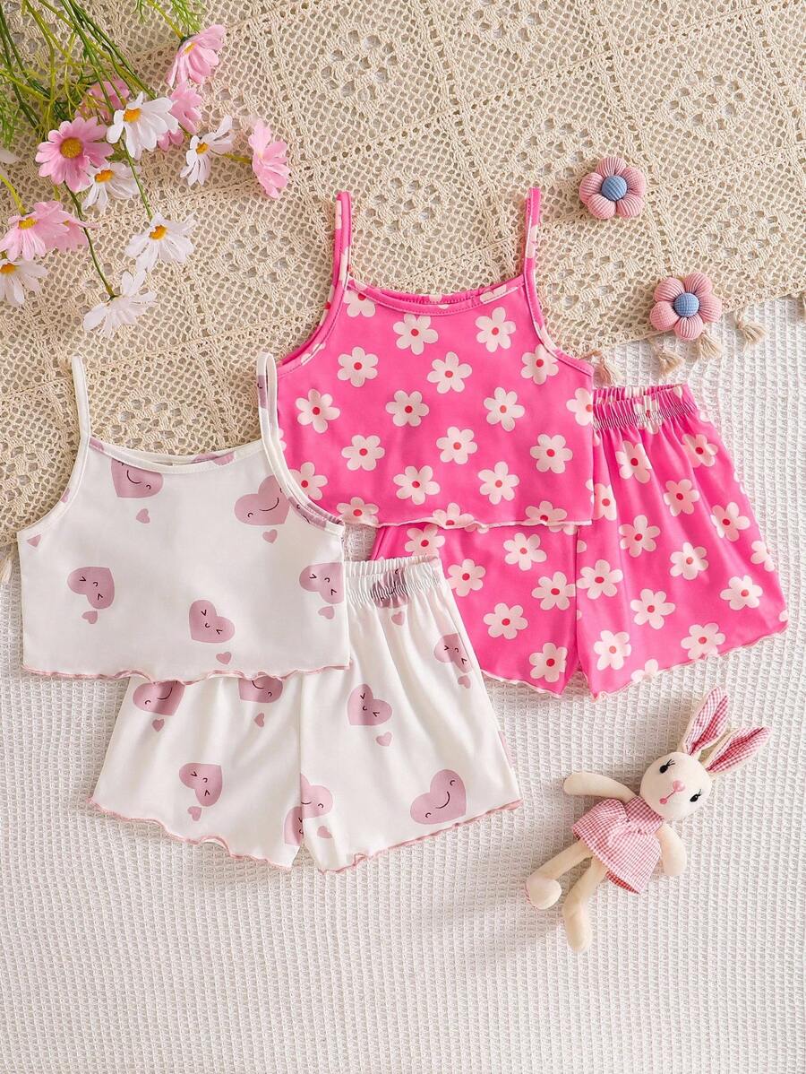 SHEIN 4pcs Young Girl Cute Rabbit Print Camisole And Shorts Knit Homewear Set, Summer - Baby Pink - View 1